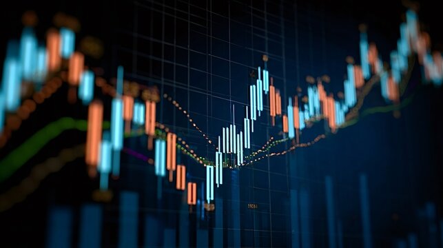 Financial market data displaying colorful fluctuating candlestick bars and line graphs, illustrating economic trends and investment opportunities on a dark digital interface