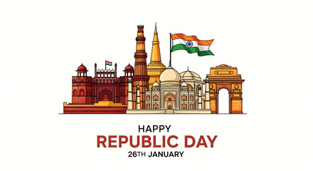 Happy Republic Day India Illustration, Indian Flag, Landmarks