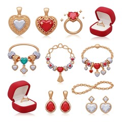 Collection of beautiful heart shaped jewelry pieces on a white background