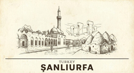 Sanliurfa City Skyline Vintage Line Art Sketch - Balikligol and Harran