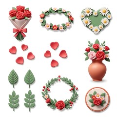 Cute Clay Flower and Heart Collection Beautiful Artistic Design Elements