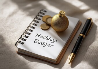 Flat-lay of a notebook labeled "Holiday Budget", pen, tiny ornament, and scattered coins, bright clean background, soft shadows, minimalist corporate holiday vibe