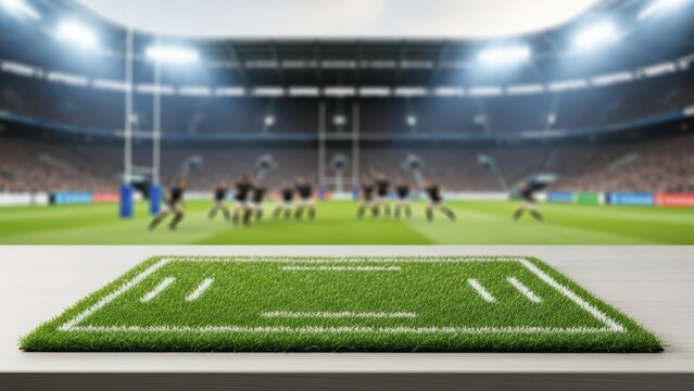 Empty rugby stadium grass field with focus on desk and blurred players