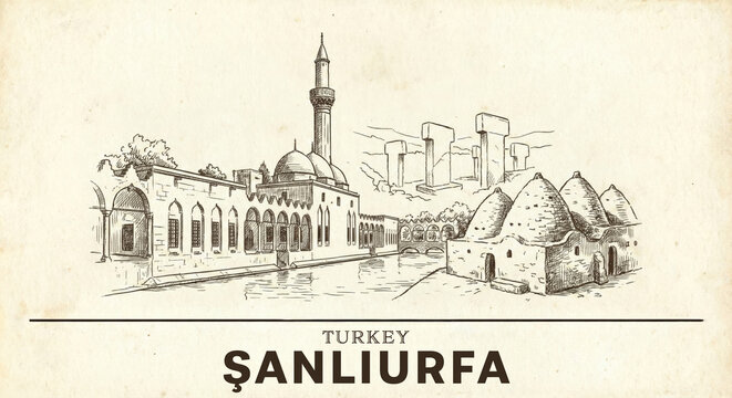 Sanliurfa City Skyline Vintage Line Art Sketch - Balikligol and Harran