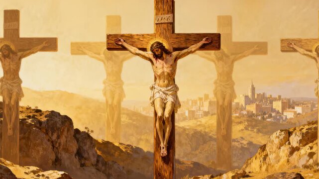  Traditional, solemn religious painting or artwork of Jesus Christ on the cross (crucifixion), set on a rocky hill with an ancient city in the hazy, golden background
