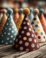 Colorful birthday party hats arranged outdoors high resolution photo