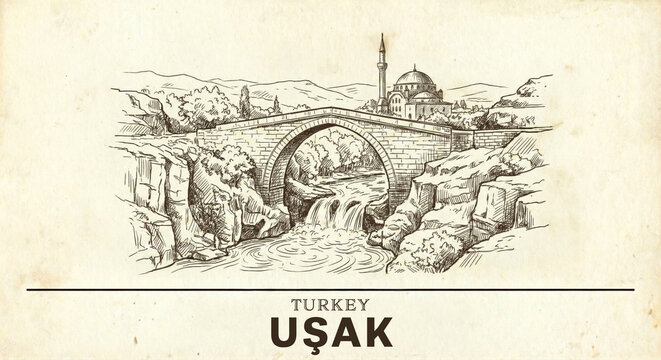 Usak City Skyline Vintage Line Art Sketch - Clandras Bridge Illustration