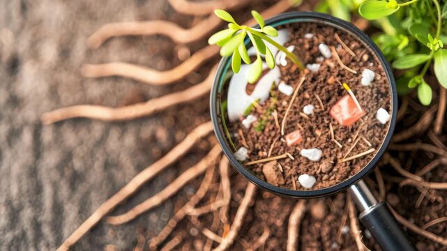 Microplastic soil magnifying root seedling pollution environment contamination ecology waste linger garden soil magnifier investigation closeup