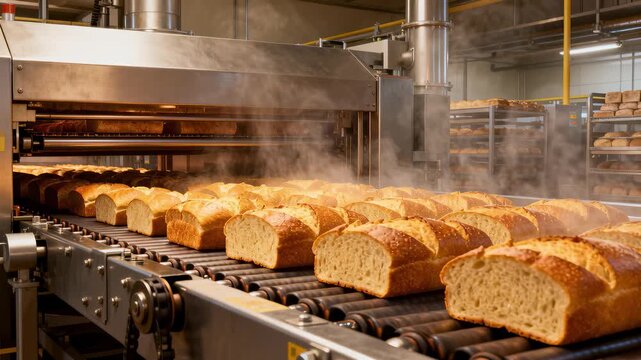 shot of freshly baked, steaming loaves of bread moving along a roller conveyor belt after exiting a large industrial oven in a modern, automated commercial bakery or food factory