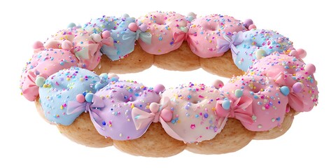 Colorful donut wreath with pastel frosting and sprinkles isolated on white background