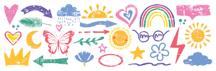 Cute Collection of doodle hand drawn heart, crown, Flowers, rainbow and clouds with crayon, pastel, chalk or pencil texture. Color vector illustration on a white background. Vector illustration