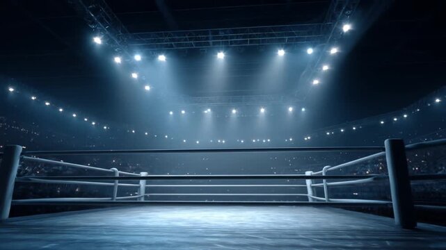Dim arena lights bathe an empty boxing ring ropes taut, canvas waiting for the imminent fight. now