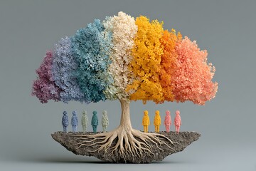 Creative diversity tree with bright textured leaf faces high resolution photo