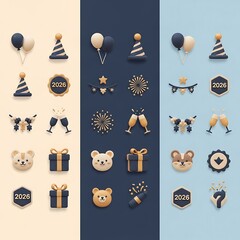New Year 2026 festive elements on different color backgrounds