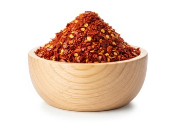 Wooden bowl filled with red chili flakes isolated on white background isolated on transparent background