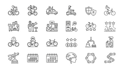 Collection of bicycle doodles featuring bikes, repair tools, and cycling accessories in a simple line art style
