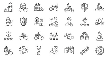 Set of linear icons for bicycle theme bike repair, bicycle rental, bike shop, delivery service, cycling race and other