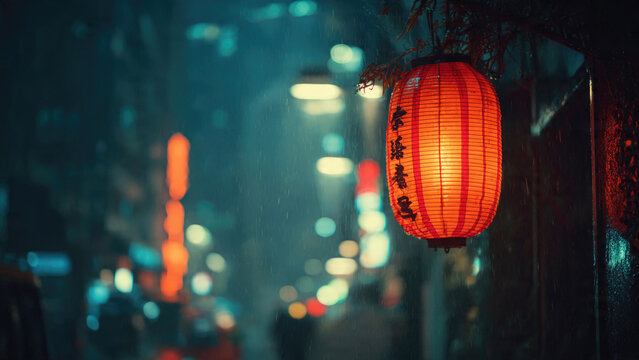 A luminous red Japanese lantern glows amidst falling rain on a blurry, colorful urban night street with bokeh lights.