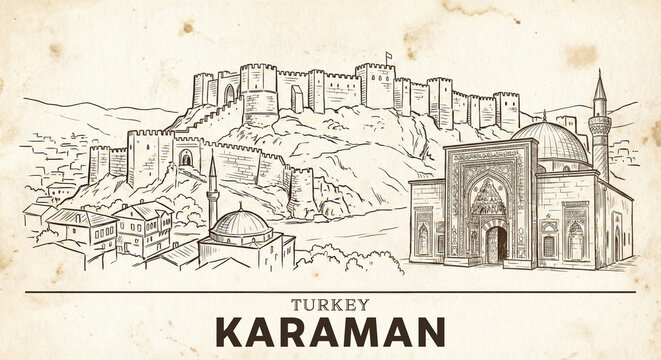Karaman City Skyline Vintage Line Art Sketch - Castle and Madrasa