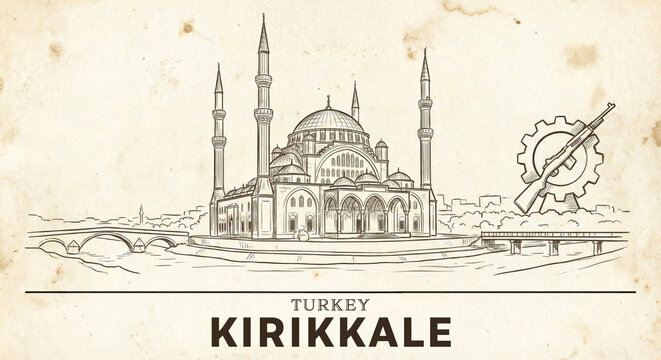 Kirikkale City Skyline Vintage Line Art Sketch - Nur Mosque Illustration