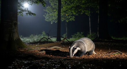 Badger Foraging Under Moonlight in Dark Forest.