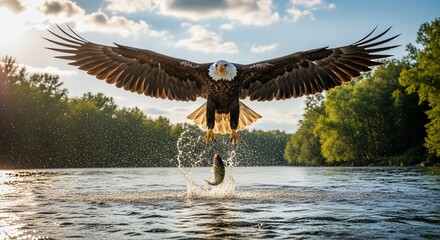 Bald Eagle Captures Fish Mid-Air Over River Landscape.
