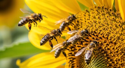Bees Pollinating a Sunflower - A Close-Up View of Natures Harmony.