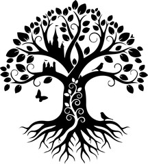 Obraz premium Enchanted fairytale castle nestled within a stunning tree of life, a magical silhouette design perfect for fantasy-themed projects and creative endeavors