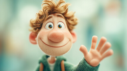 Close up of cartoon character waving with curly hair and green sweater