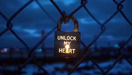 An illuminated padlock on a chain-link fence reads 'UNLOCK MY HEART', signifying open emotions, vulnerability, and love amidst the twilight.
