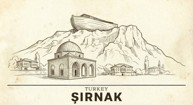 Sirnak City Skyline Vintage Line Art Sketch - Mount Cudi Illustration