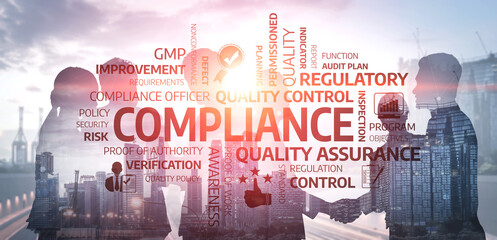 Silhouettes of professionals engage in discussion about compliance and quality control, with urban...