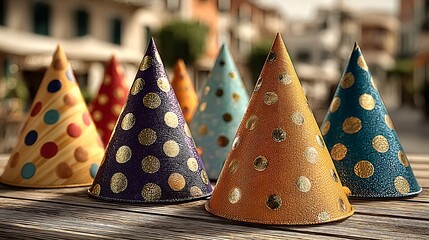 Festive cone hats displayed on wooden table high resolution photo
