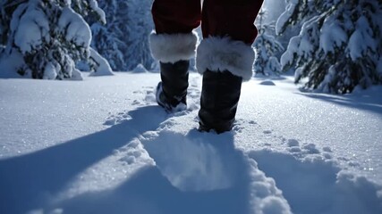 Santa Claus's boots walking through deep snow in a wintery forest, leaving footprints. - Powered by Adobe