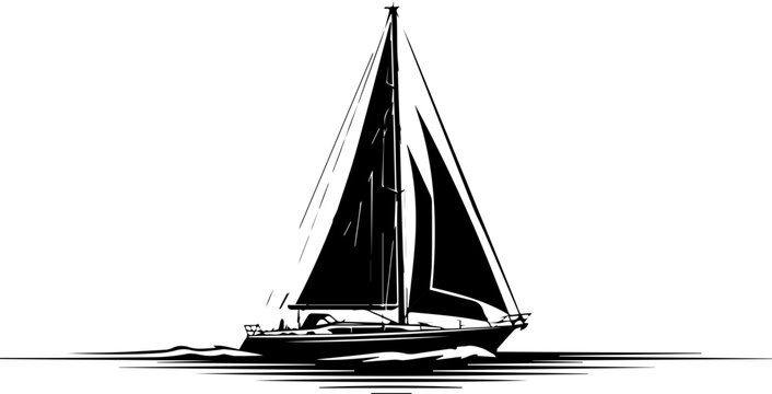 Dramatic black and white sailboat glides across the water, sailing into the horizon, a symbol of freedom, adventure, and nautical passion for yachting enthusiasts