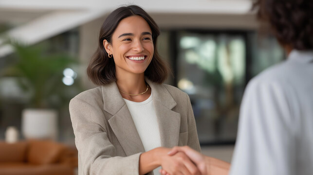HR manager greeting veteran applicant with warm smile in bright workspace — representing equality, inclusion, opportunity, and the success of transition programs for veterans finding meaningful