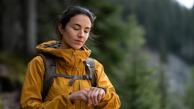 A hiker on a forest trail checking a smartwatch storm alert as wind picks up and leaves swirl — wearable safety tech, outdoor risk detection, and real-time micro-forecasting in nature. cinematic - Powered by Adobe