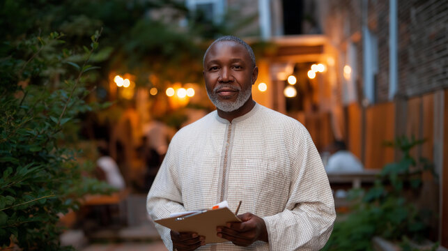 A community leader standing in the middle of a bustling neighborhood meeting, holding a clipboard and speaking with calm authority as residents gather around — grassroots leadership, civic