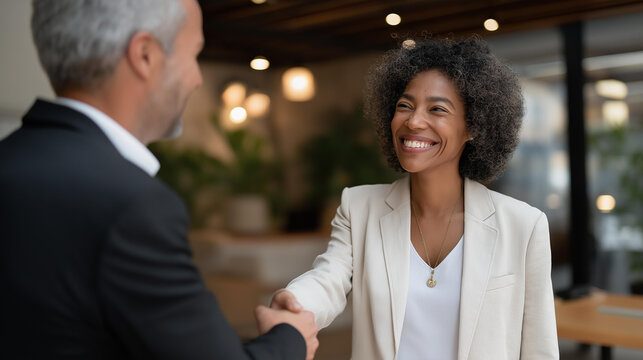 HR manager greeting veteran applicant with warm smile in bright workspace — representing equality, inclusion, opportunity, and the success of transition programs for veterans finding meaningful