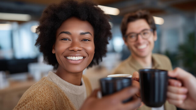 Coworkers raising coffee mugs in a casual toast to their new teammate, smiling and laughing together — a joyful image of camaraderie, shared values, and strong workplace relationships that support - Powered by Adobe