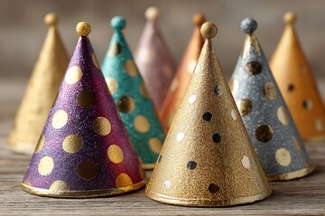 Fun multicolored party hats for celebration events high resolution photo