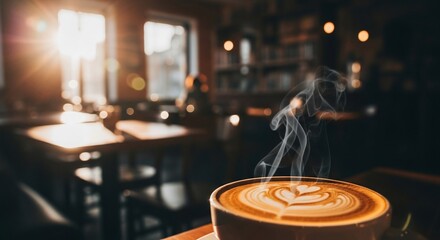 Cozy Coffee Shop Latte Art with Steaming Coffee and Warm Lighting.