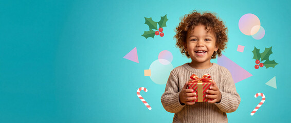 Joyful Gifting: A cheerful child, radiating pure happiness, cradles a beautifully wrapped gift. A perfect embodiment of the season's spirit.  Christmas banner with text space 