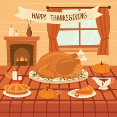 Interior with a set Thanksgiving table against the backdrop of a fireplace.