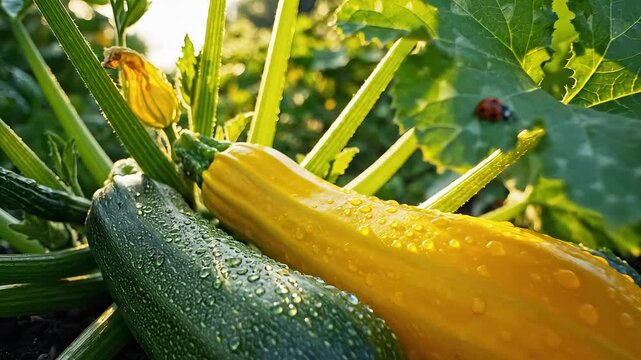 Freshly harvested zucchini and yellow squash growing in a vibrant garden.