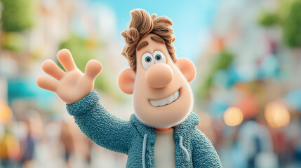 Animated character waving with a smile wearing a blue textured hoodie