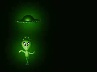 Green alien with spaceship green smoke background