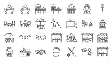 Line art collection of outdoor kitchen icons isolated on grill, oven, table, chair, umbrella, light, furniture illustrations
