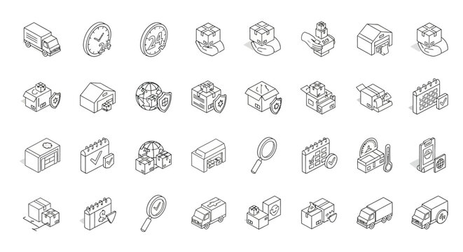 Isometric delivery icons set outline style isolated on a comprehensive collection of logistics and distribution related symbols