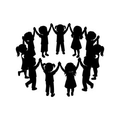 Diverse group of joyful children forming a united circle, holding hands in a silhouette illustration symbolizing global friendship, community, and childhood unity in play